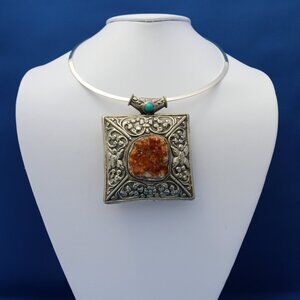 Vintage Nepalese Citrine Druzy and Turquoise Pendant Necklace